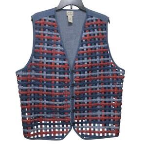 Vintage Basketweave Lattice Denim Vest Red White Blue Cottagecore 20W